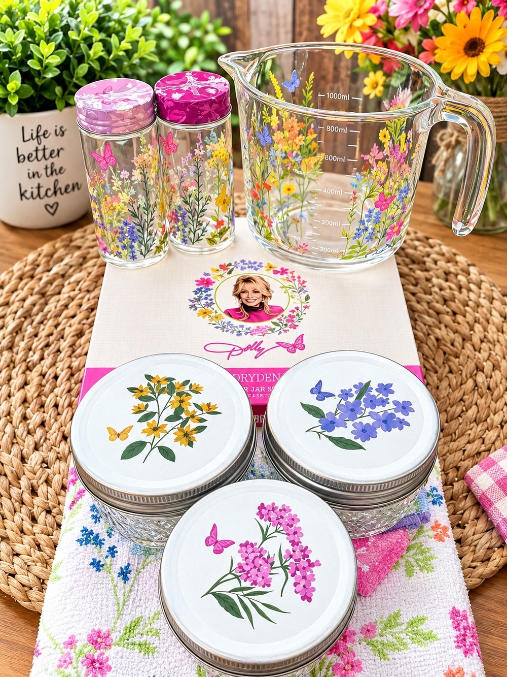 Dolly Parton Floral Glass Measuring Cup, Spice Jars, Shaker Set And Drying Mat